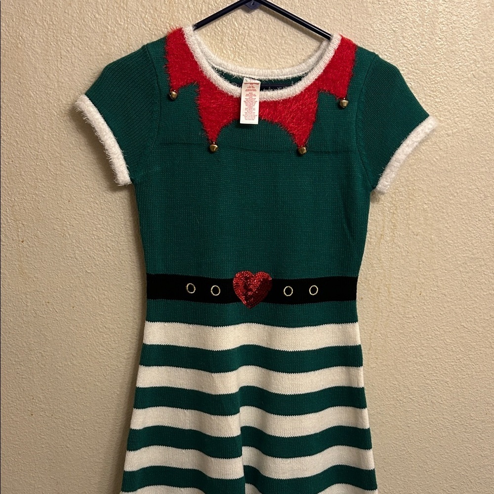 Holiday Time Women Festive Green Striped “Elf” Dress Size Large (10-12)